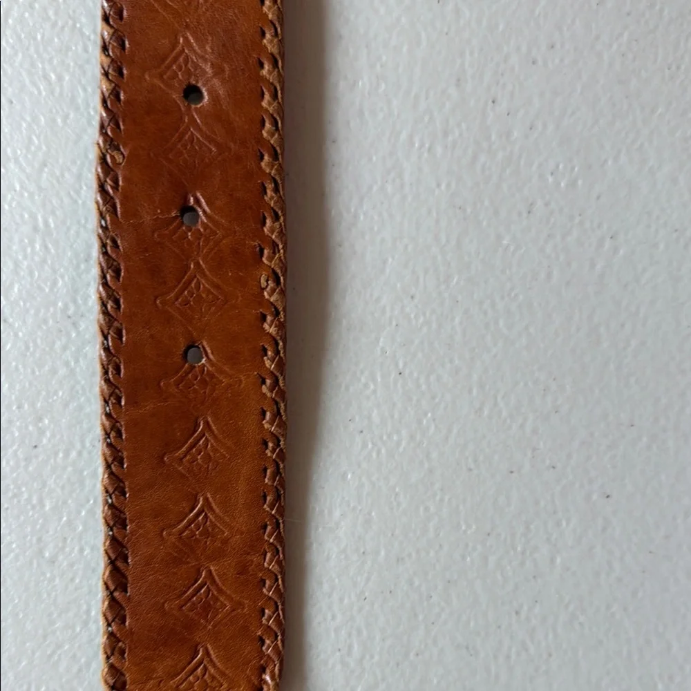 Colorful Woven Strap Belt with Brown Leather Trim handmade Guatemala 37 inches